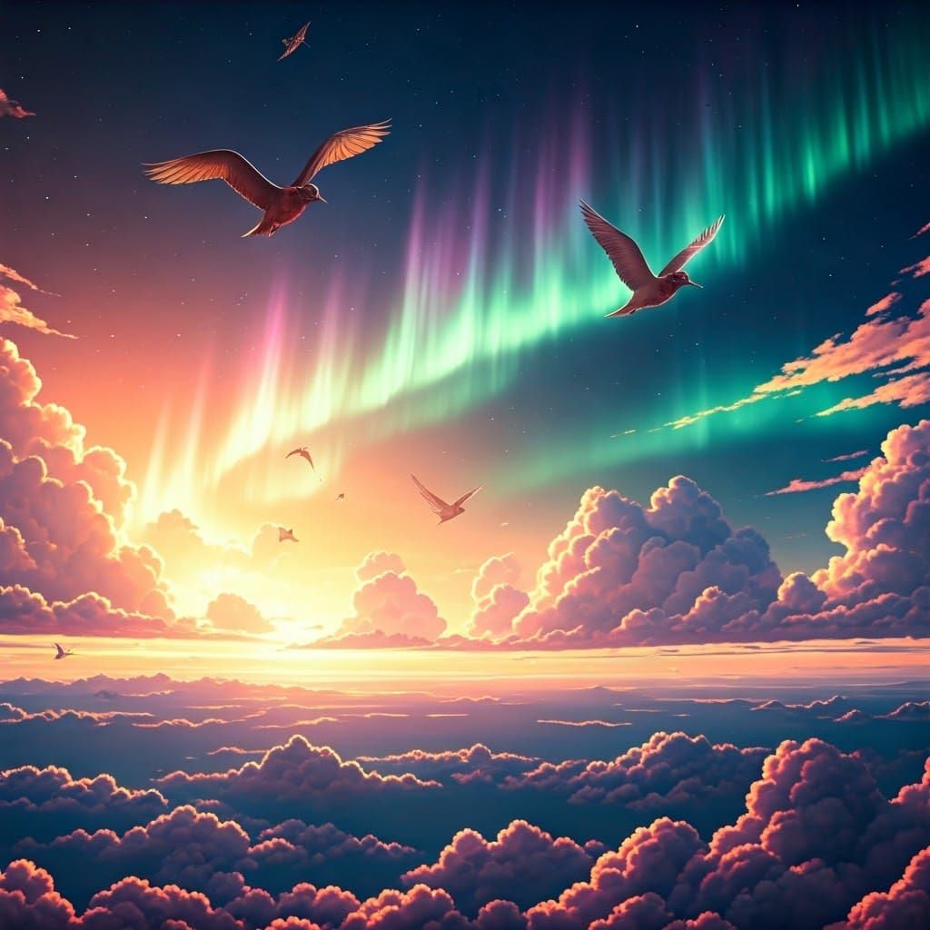 Birds Soaring Through a Surreal Aurora Sky
