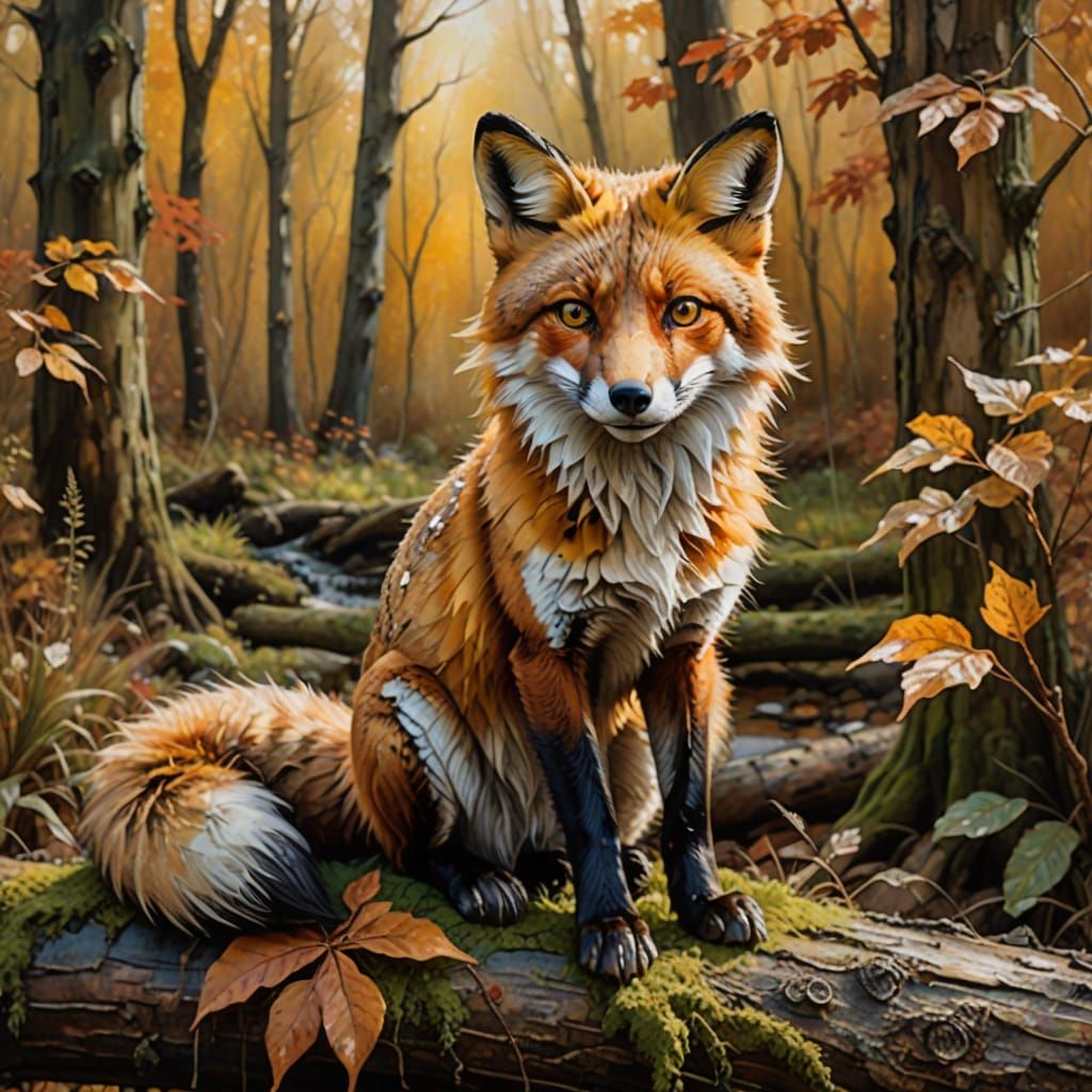 Fox on Log: Encaustic Oil Painting with Alcohol Ink Effects