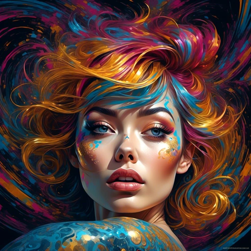 Psychedelic Cartoon Portrait with Swirling Line Art
