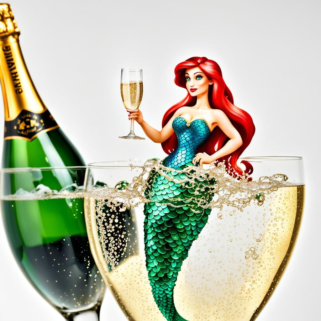 Surreal Mermaid Bathes in Champagne Glass