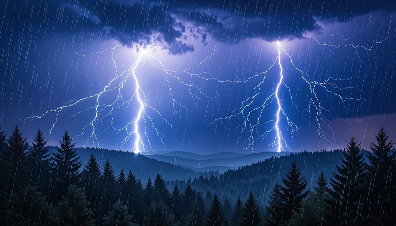 Electrifying Forest: Lightning Strikes in Torrential Rain