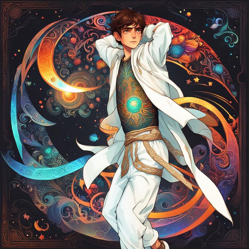 Boy in Fantasy Art with Swirling Alphonse Mucha Patterns