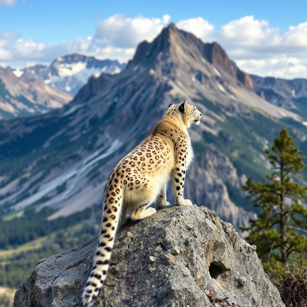 Majestic Snow Leopard Ascends Rocky Peak