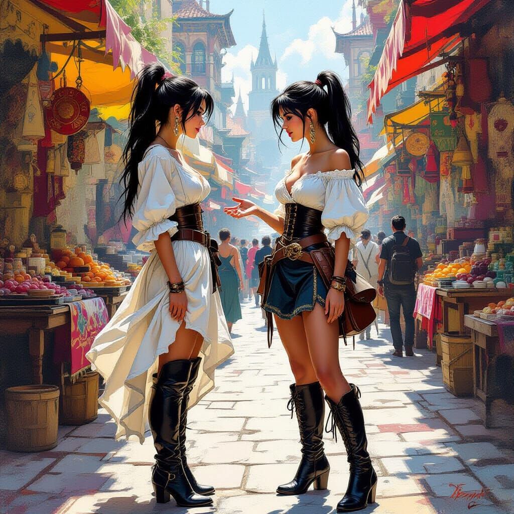 Fantasy Woman at Market in Oil Painting Style