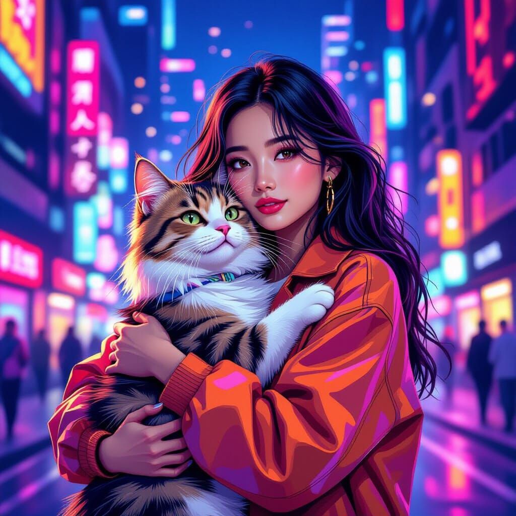 Zoey Embraces Rumi in Neon Cityscape