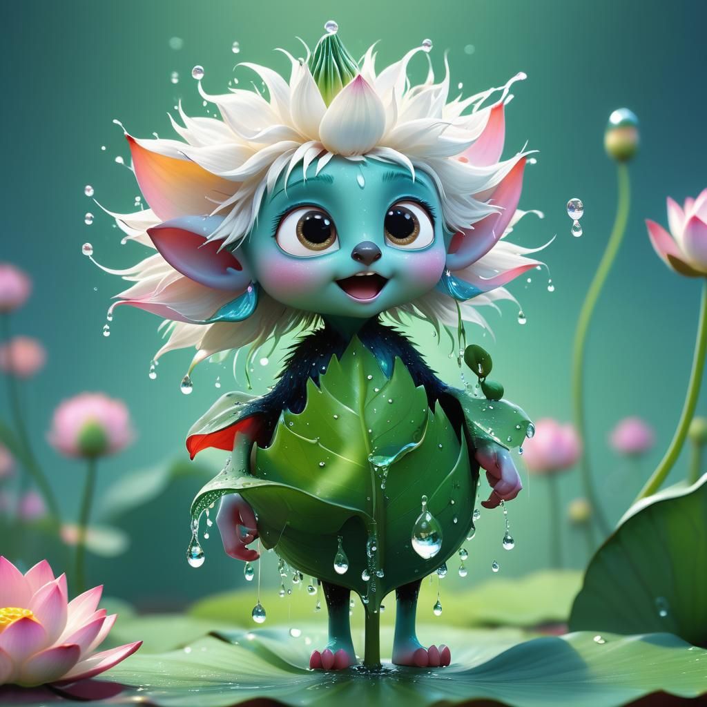 Fluffy Creature Sipping Dewdrop: Pixar-style 3D Art