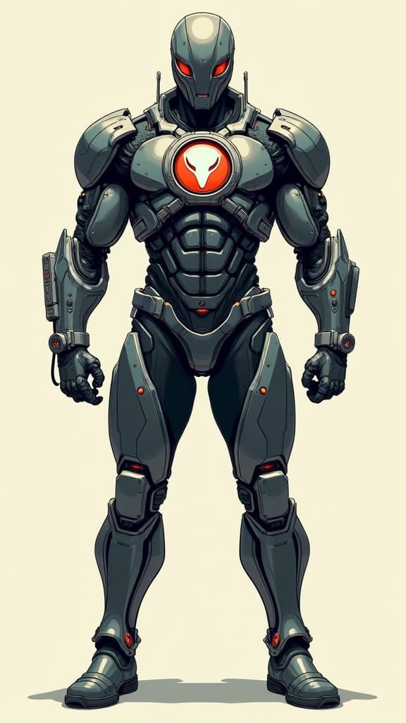 Futuristic Cyborg Superhero with Alien Symbol in Dystopian S...