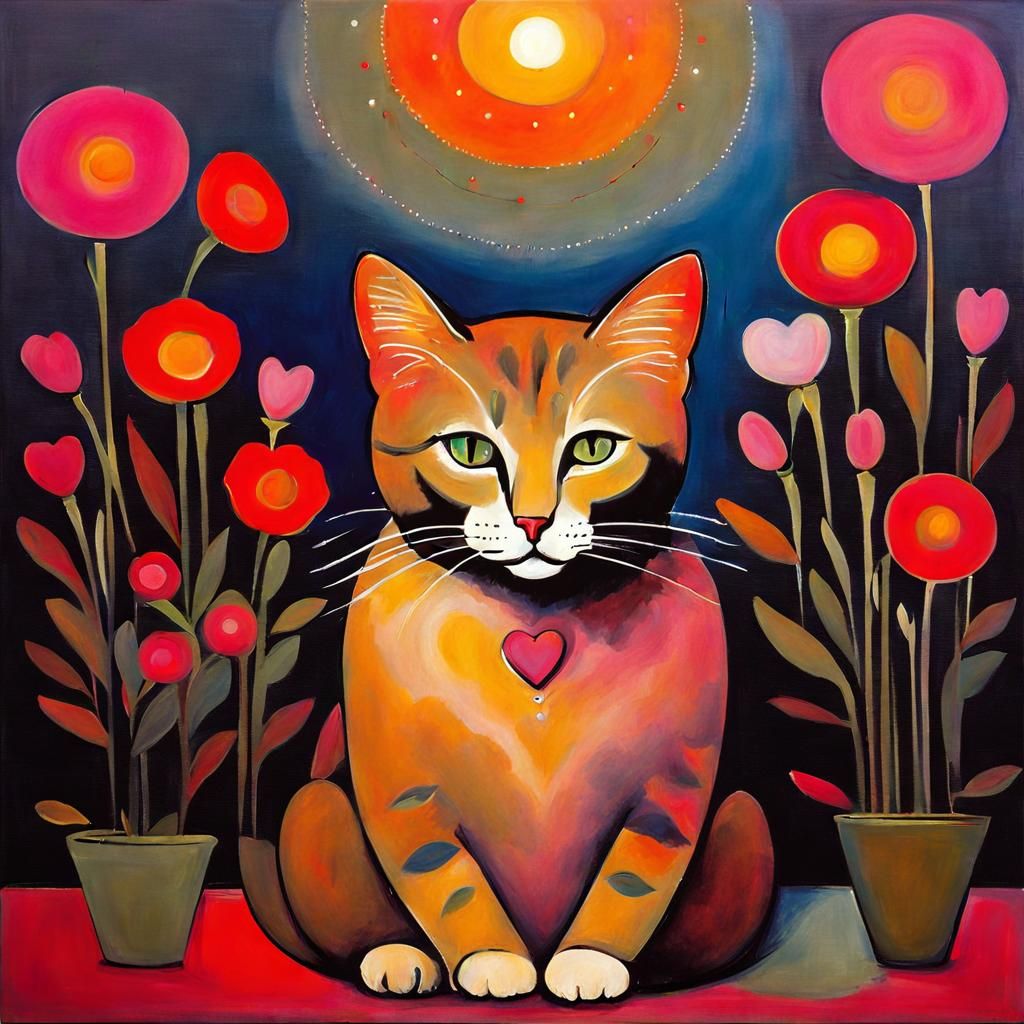 Cute Cat in Rothko Style with Flowers and Lights