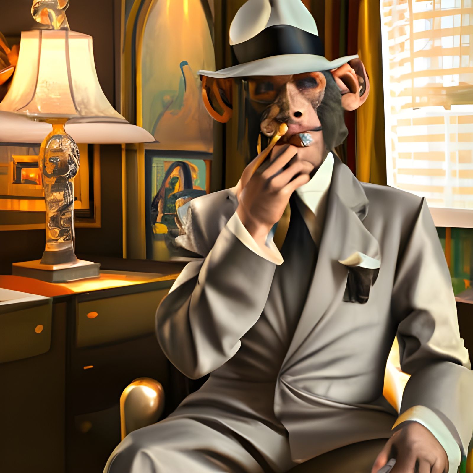 Monkey dressed in 1940s zoot suit smoking a cigar in hotel room 8k resolution hyper detailed
