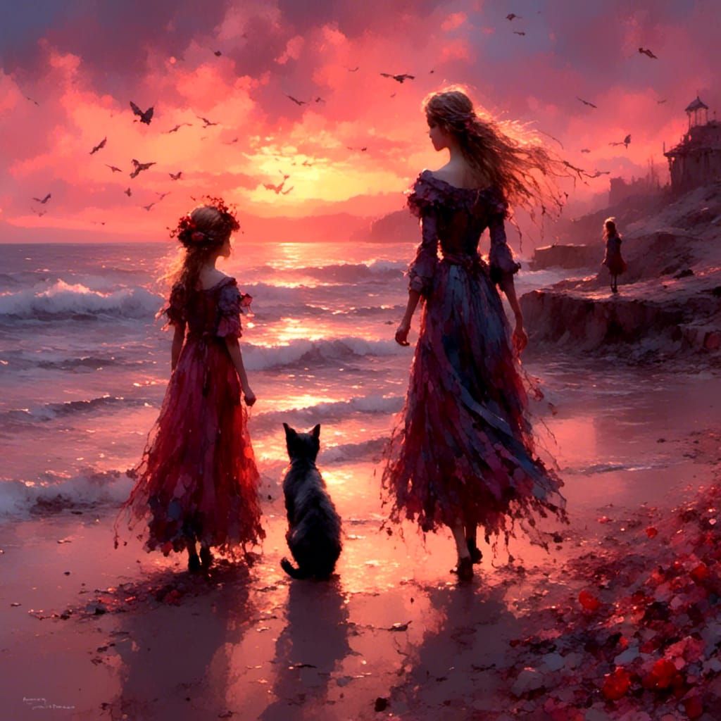 Sunset Beach Scene with Mother, Child, and Cat