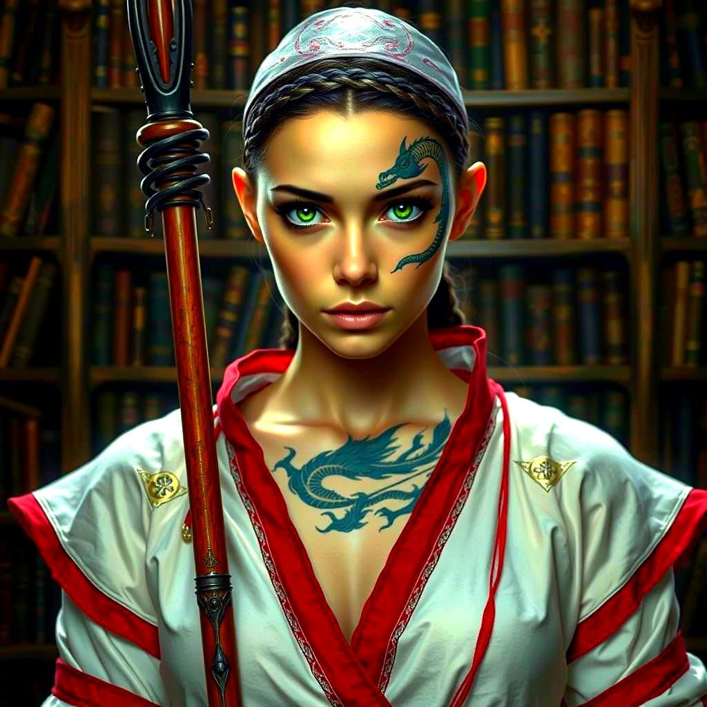 Dragon Tattooed Woman in Medieval Library