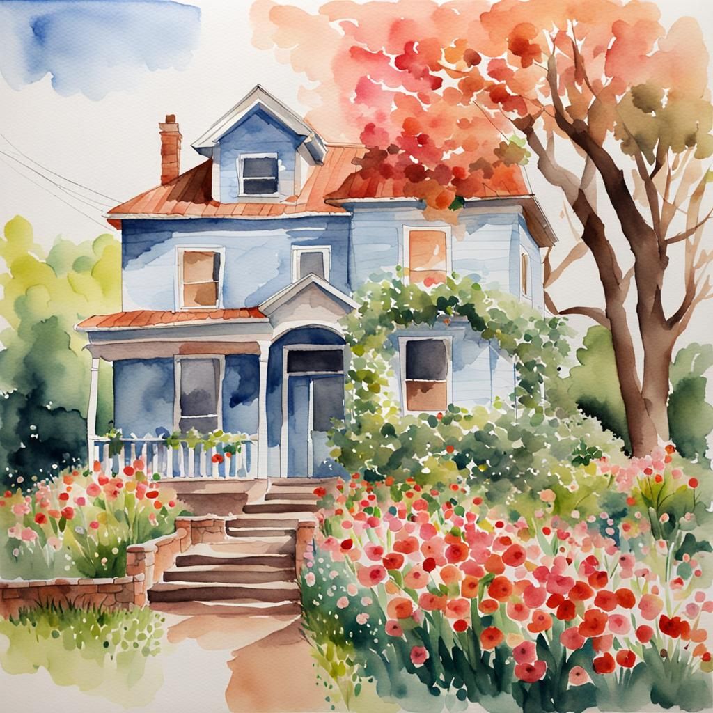 Watercolor House with Flowers Painting