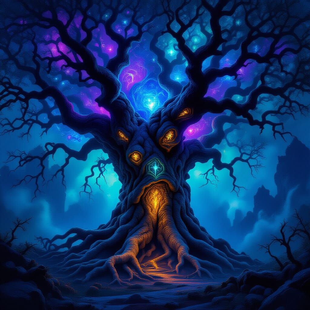 Ancient Cosmic Tree with Glowing Symbols in Dark Fantasy Sty...