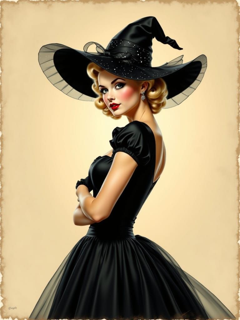 Elegant Witch in Gown and Veil: Sketched Illustration