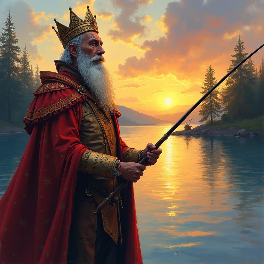 King Fishing at Sunset in Impressionist Style