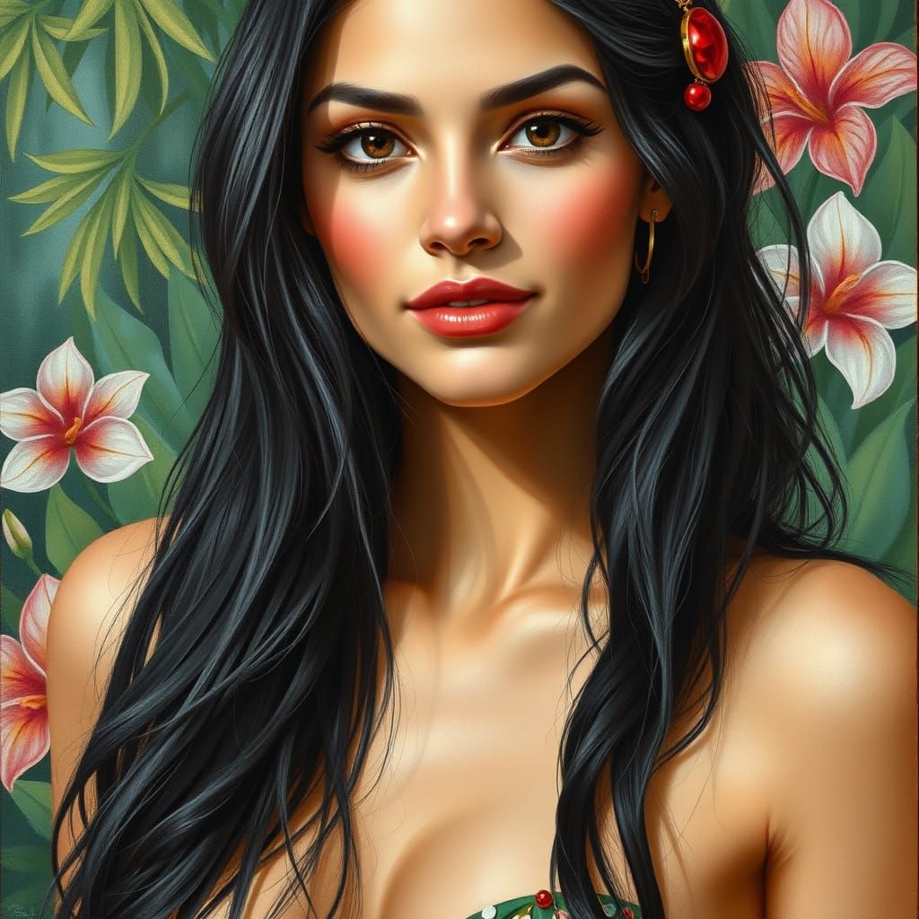 Elegant Island Woman in Realistic Oil Painting Style