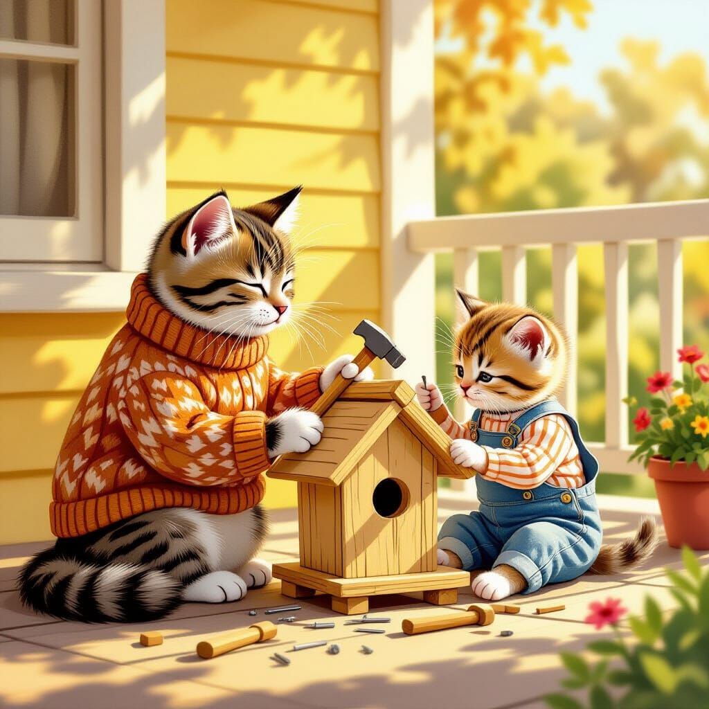Cat Family Building Birdhouse in Storybook Style