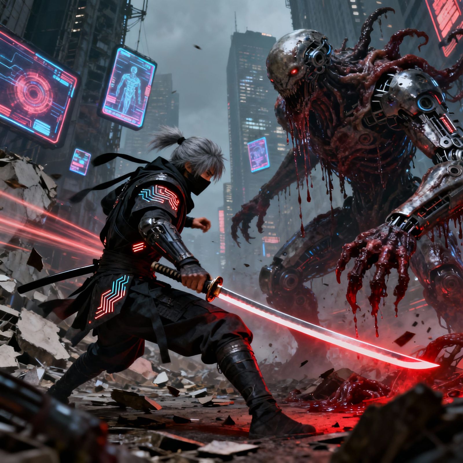 Cyberpunk Ninja Battles Biomechanical Horrors in Neon City