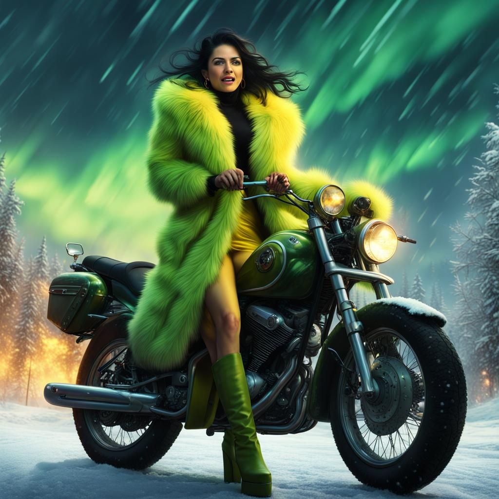 Female Mafia Boss on Motorbike Under Northern Lights