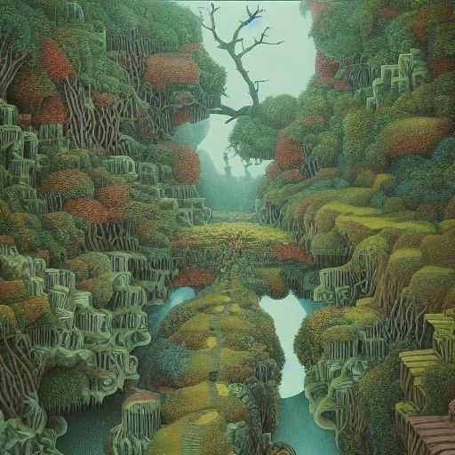Surreal Overgrown Landscape with Impossible River