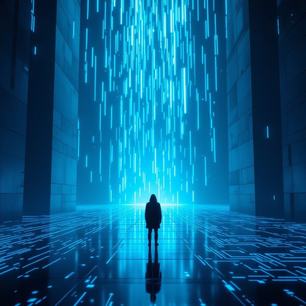 Lone Figure at Digital Ocean Precipice in Hyperrealistic 3D