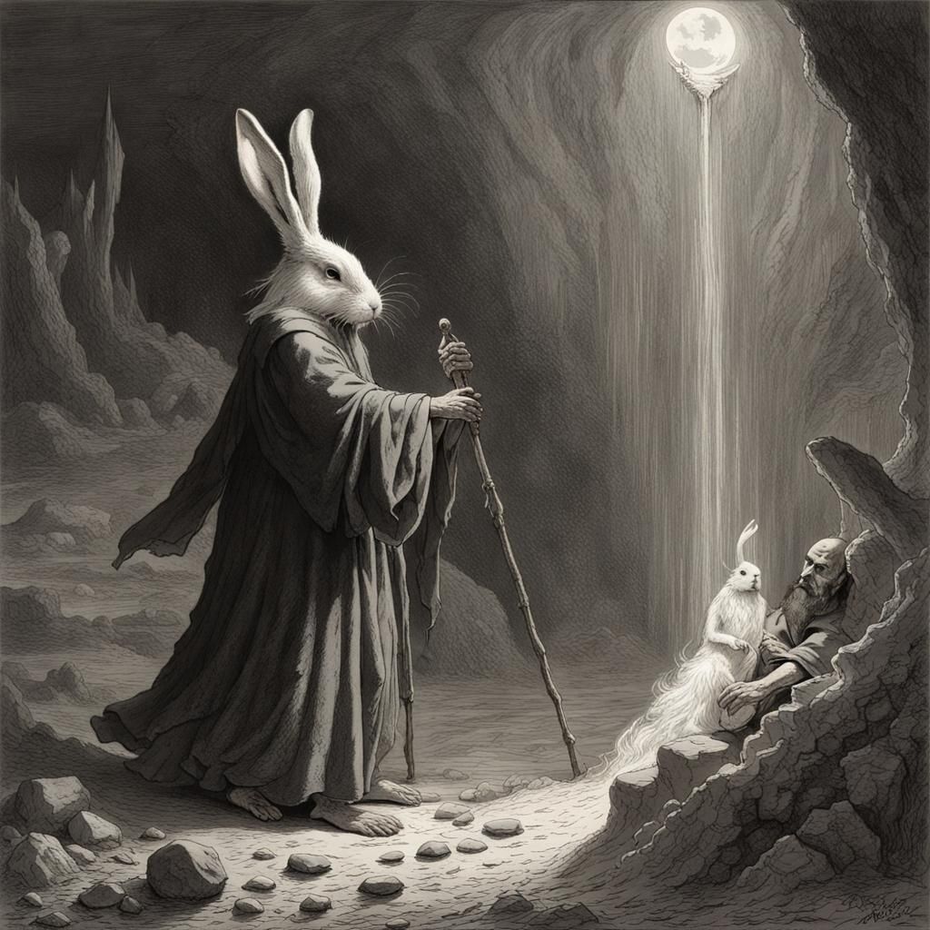 Wizard's Hellish Bunny Encounter in Doré Style