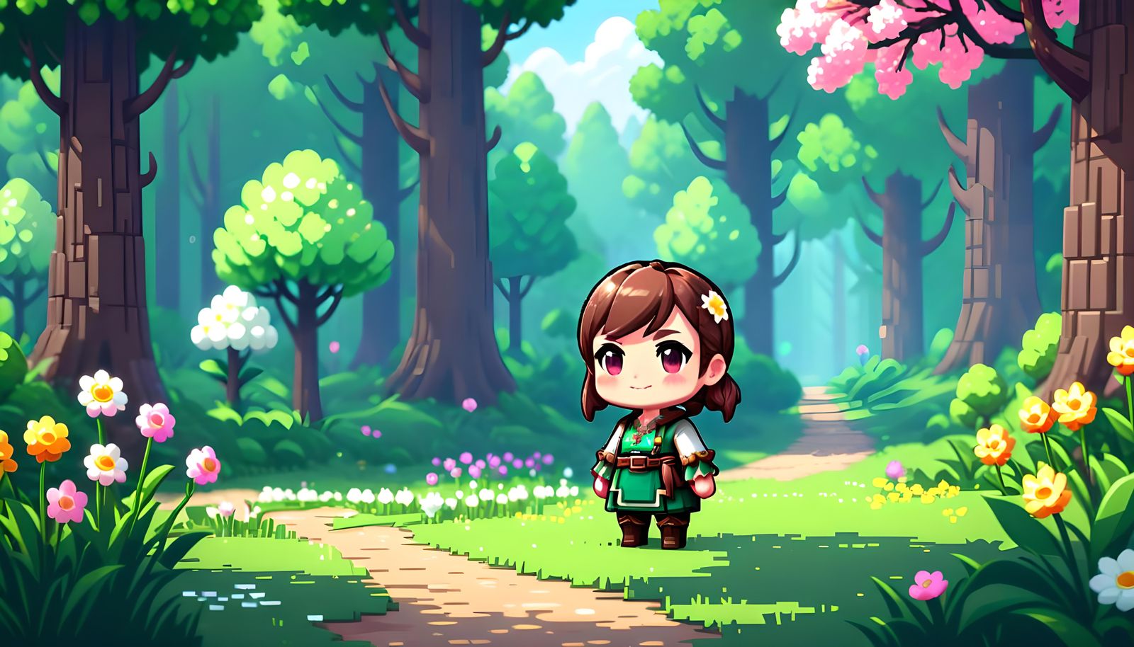 Happy Springtime Pixel Art Scene with Chibi Villager