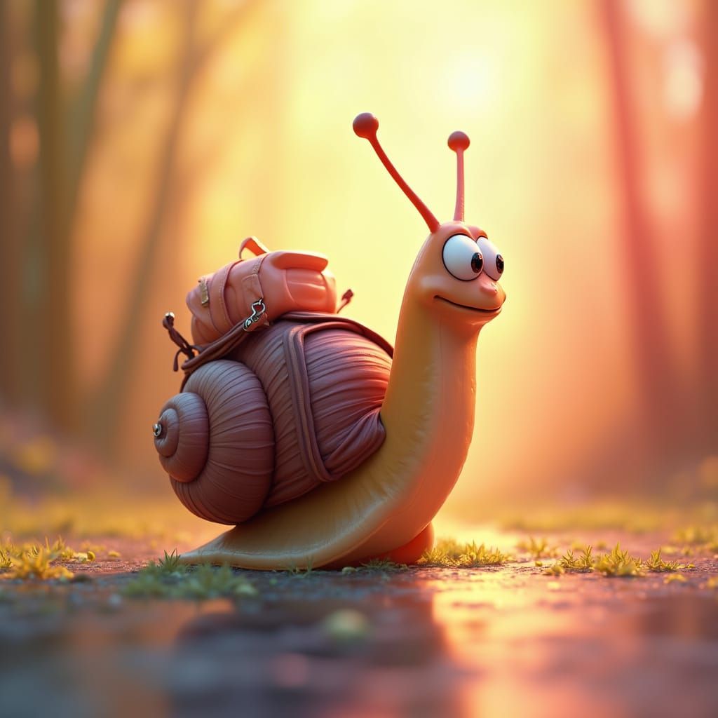 Curious Snail with Backpack in Pixar-esque 3D Art