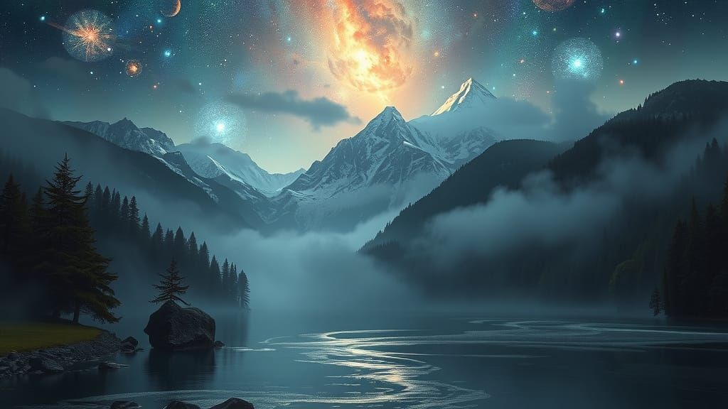 Majestic Ancient Oak Under Starry Sky, Ethereal Fantasy