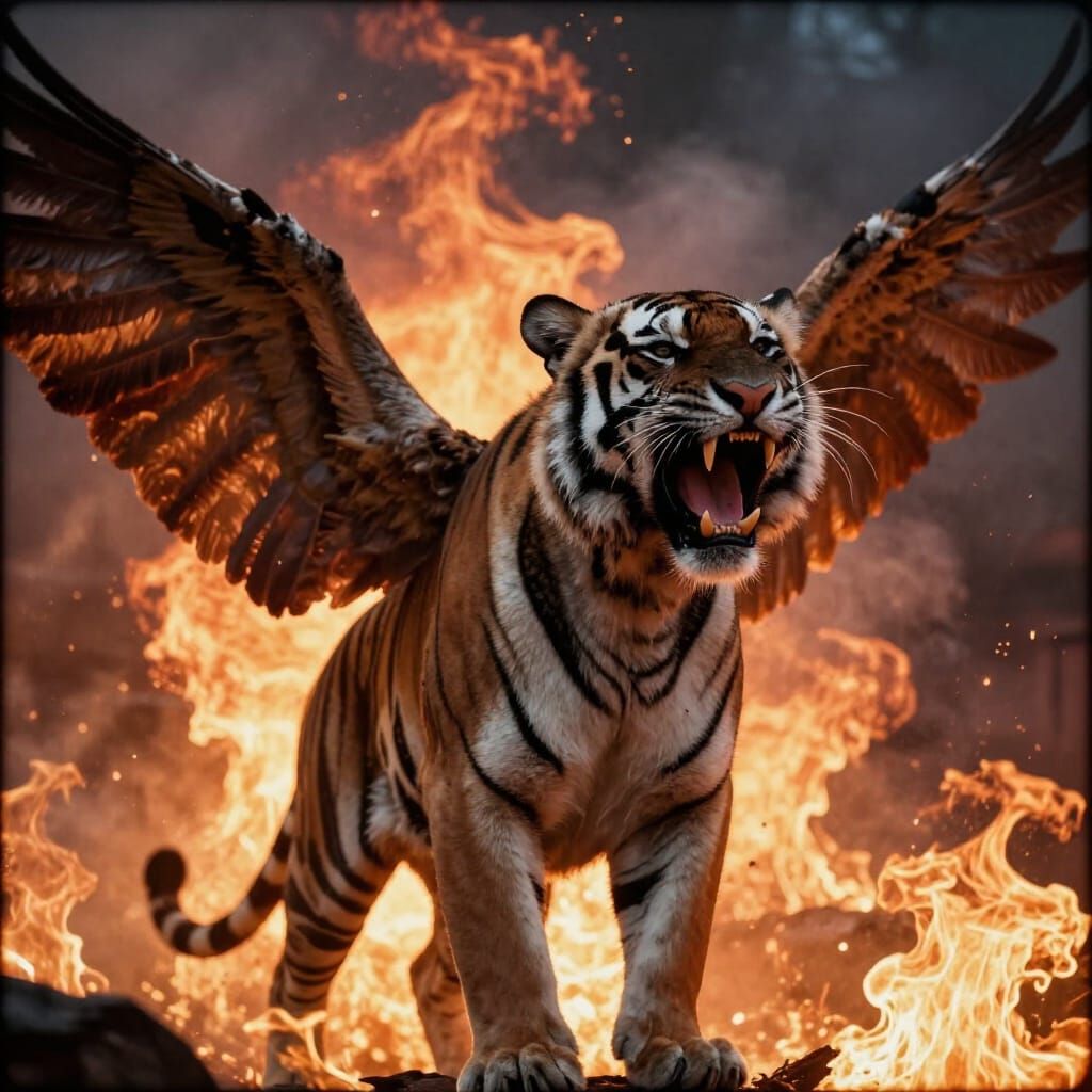 Winged Siberian Tiger Roars in Fiery Hellscape