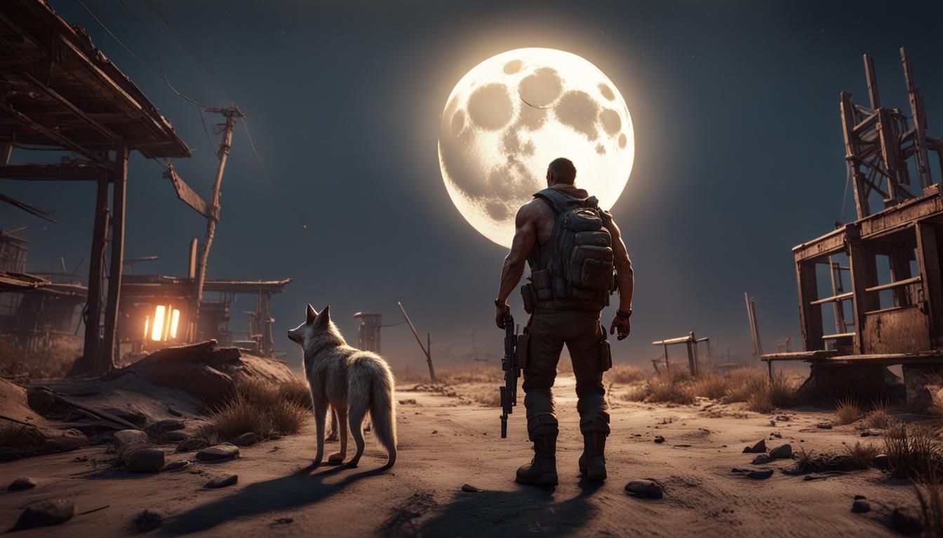 Post-Apocalyptic Wolf Figure with Pet, 3D Render