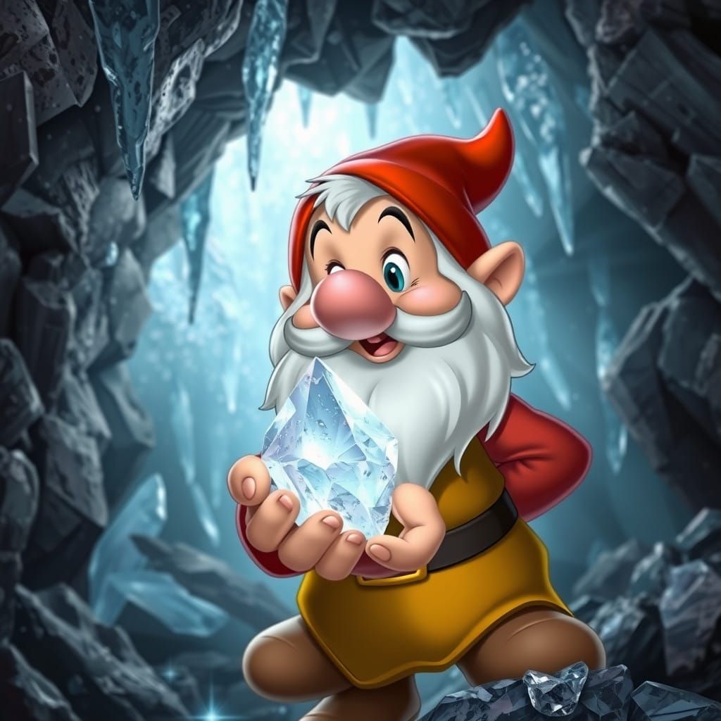 Disney Dwarf Holds Crystal in Mining Cave with Clear Crystal...
