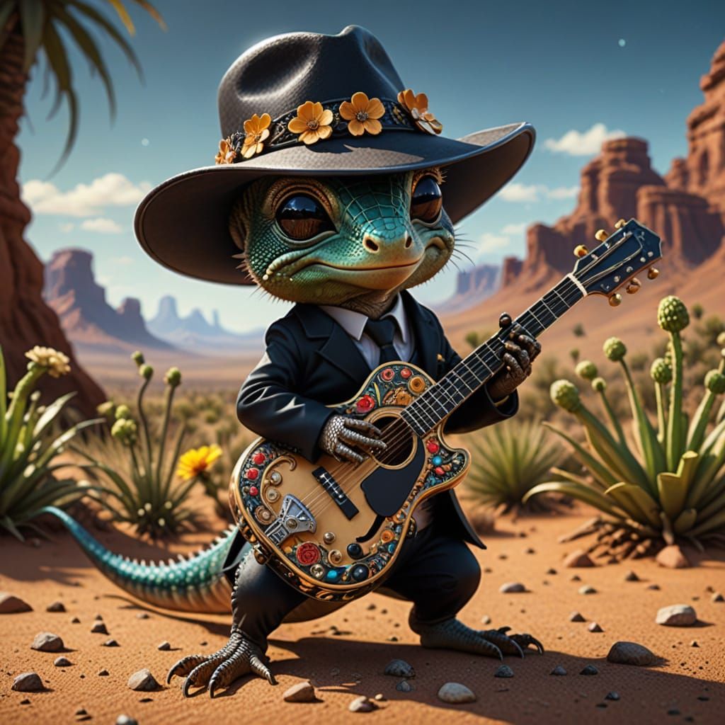 Chibi Lizard Plays Guitar in Desert Landscape