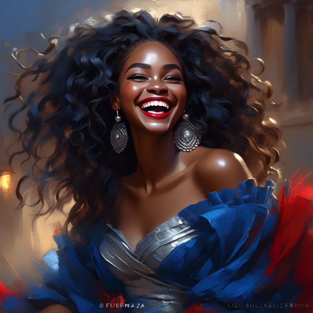 African Queen with Wavy Hair Laughing