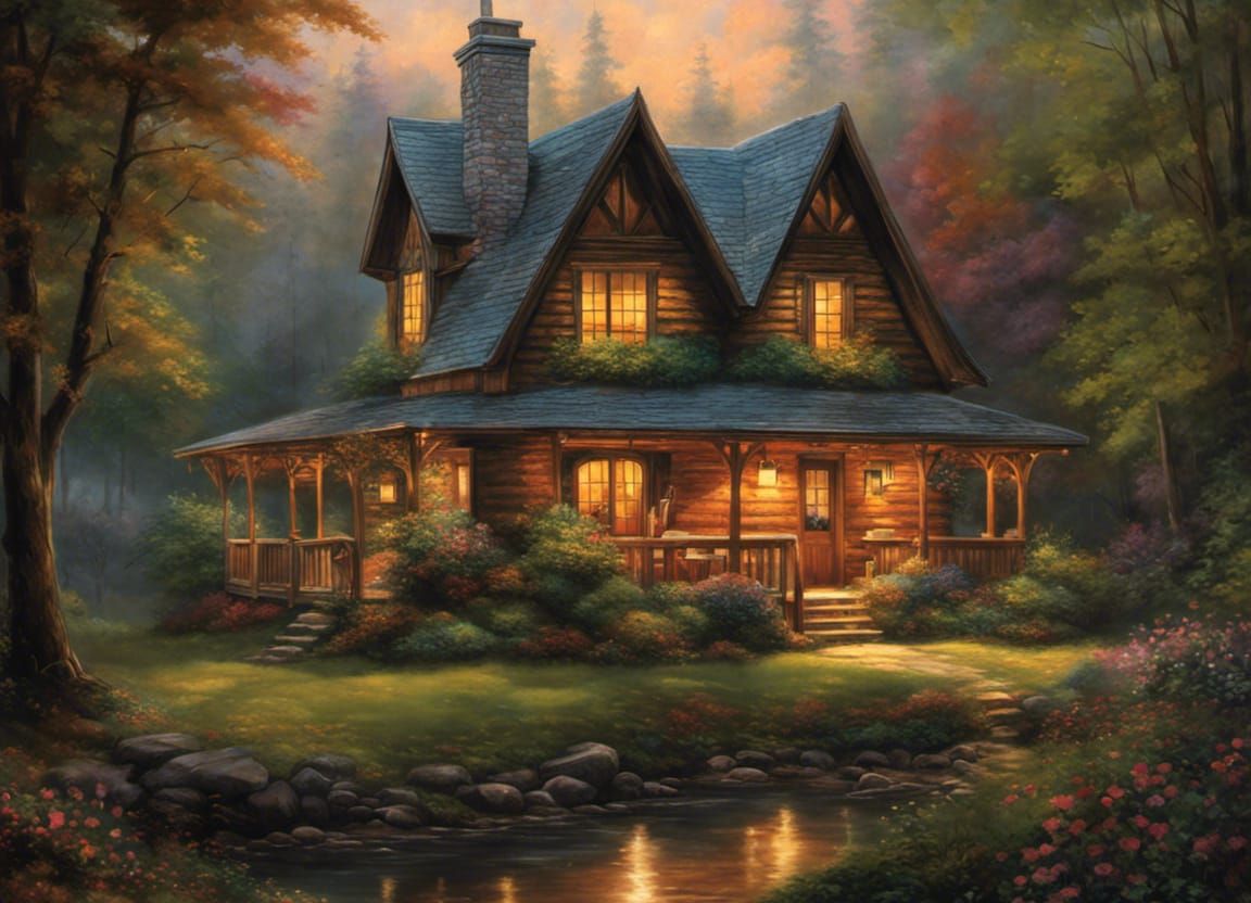 Cozy Cabin in Woods at Twilight as Oil Painting
