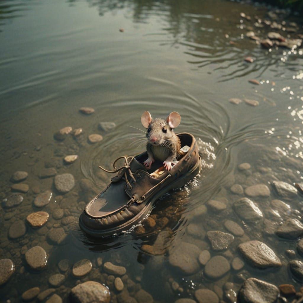Mouse Navigates River Within a Shoe: Cinematic Film Still