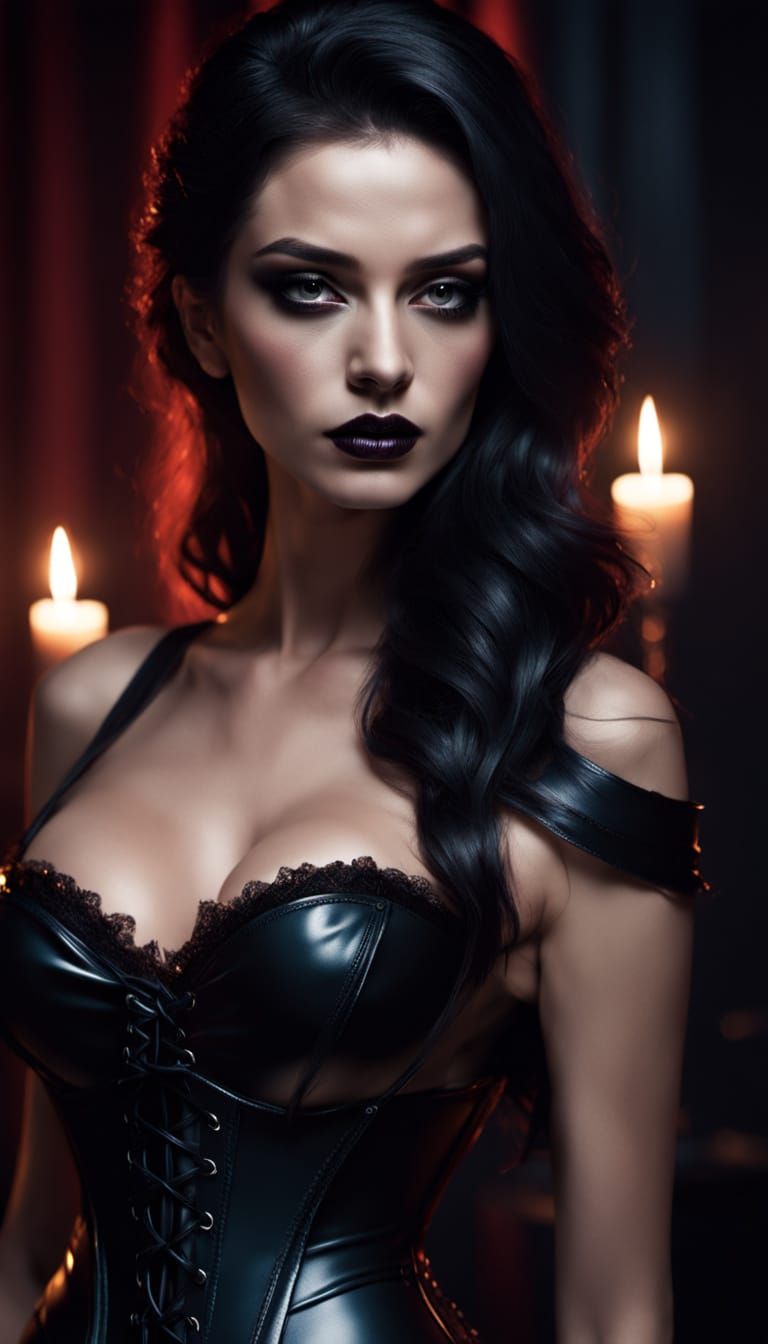 Raven-Haired Siren in Latex Corset: Digital Art Portrait