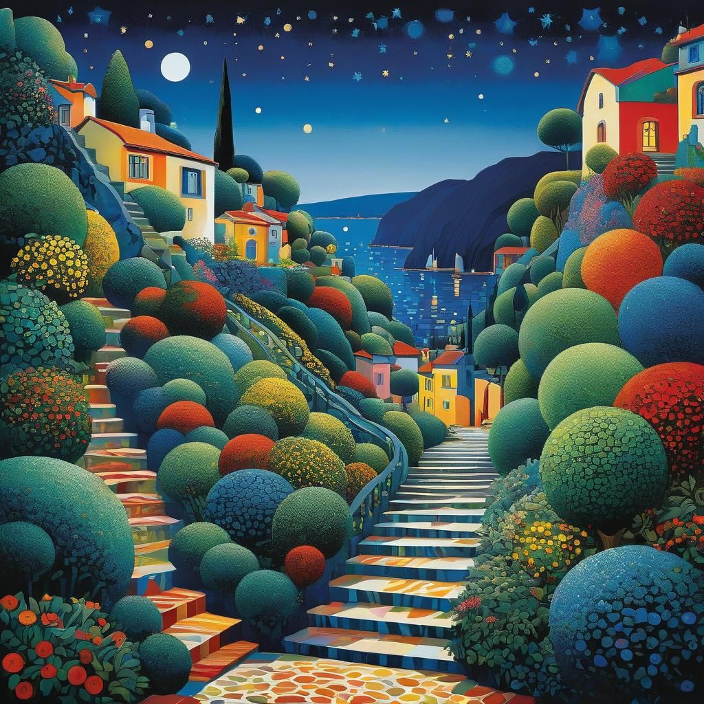 Colorful Staircase Through Picturesque Village in Linocut St...