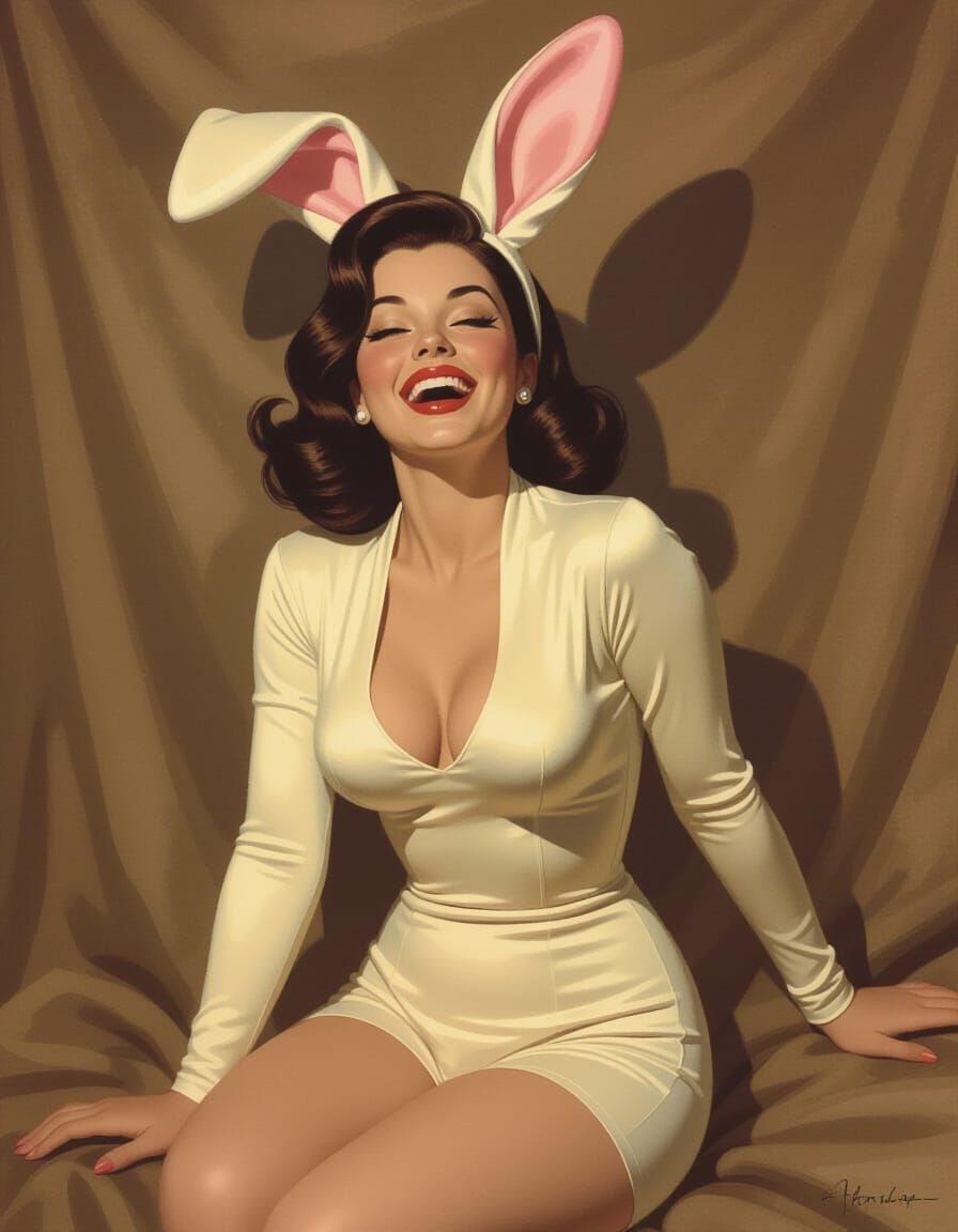 Laughing Pinup Bunny Girl in Watercolor Style