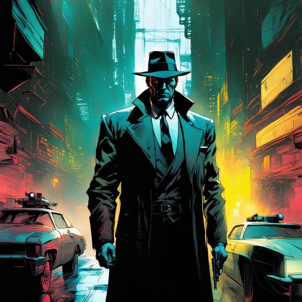 Cyberpunk Noir Detective Comic in Sienkiewicz Style