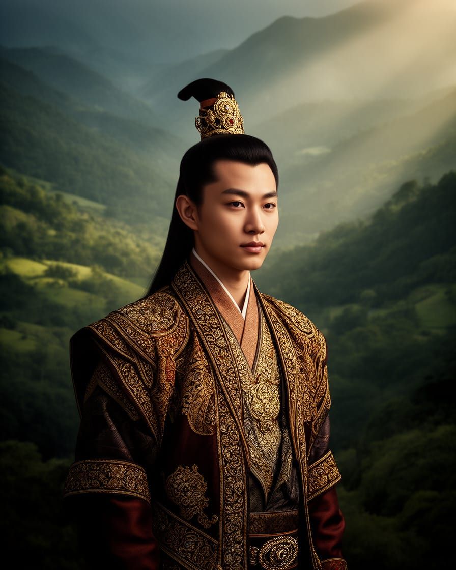 Photorealistic Portrait of Asian Prince Percival in Lush Val...
