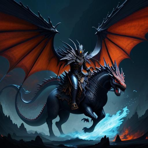 Dark Fantasy Wizard Riding Fire-Breathing Dragon