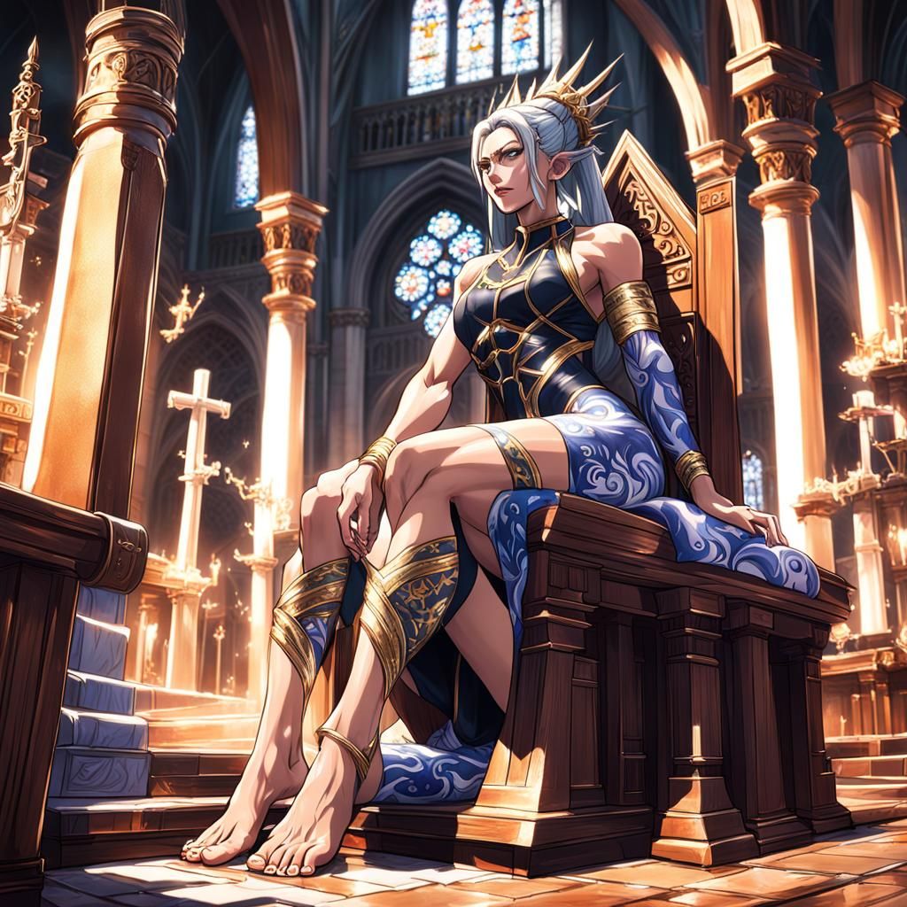 Anime Priestess Massaging Feet: Detailed Digital Painting