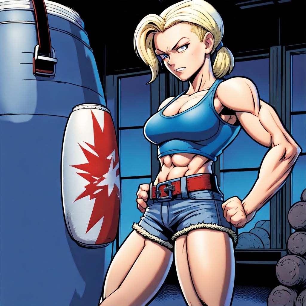 Android 18 in Gym: Comic Book Art