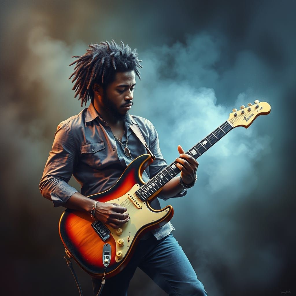 Hyperrealistic Oil Painted Guitarist in a Smoky, Space-Fanta...