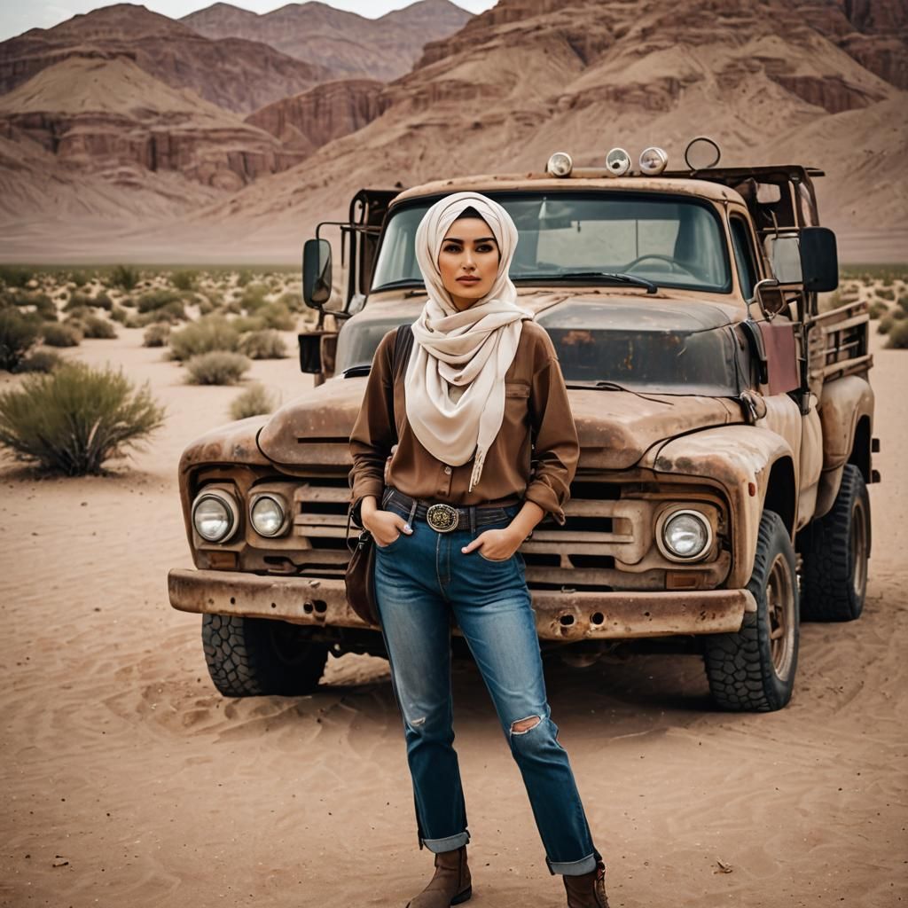 Hijabi Cowgirl in Desert Landscape
