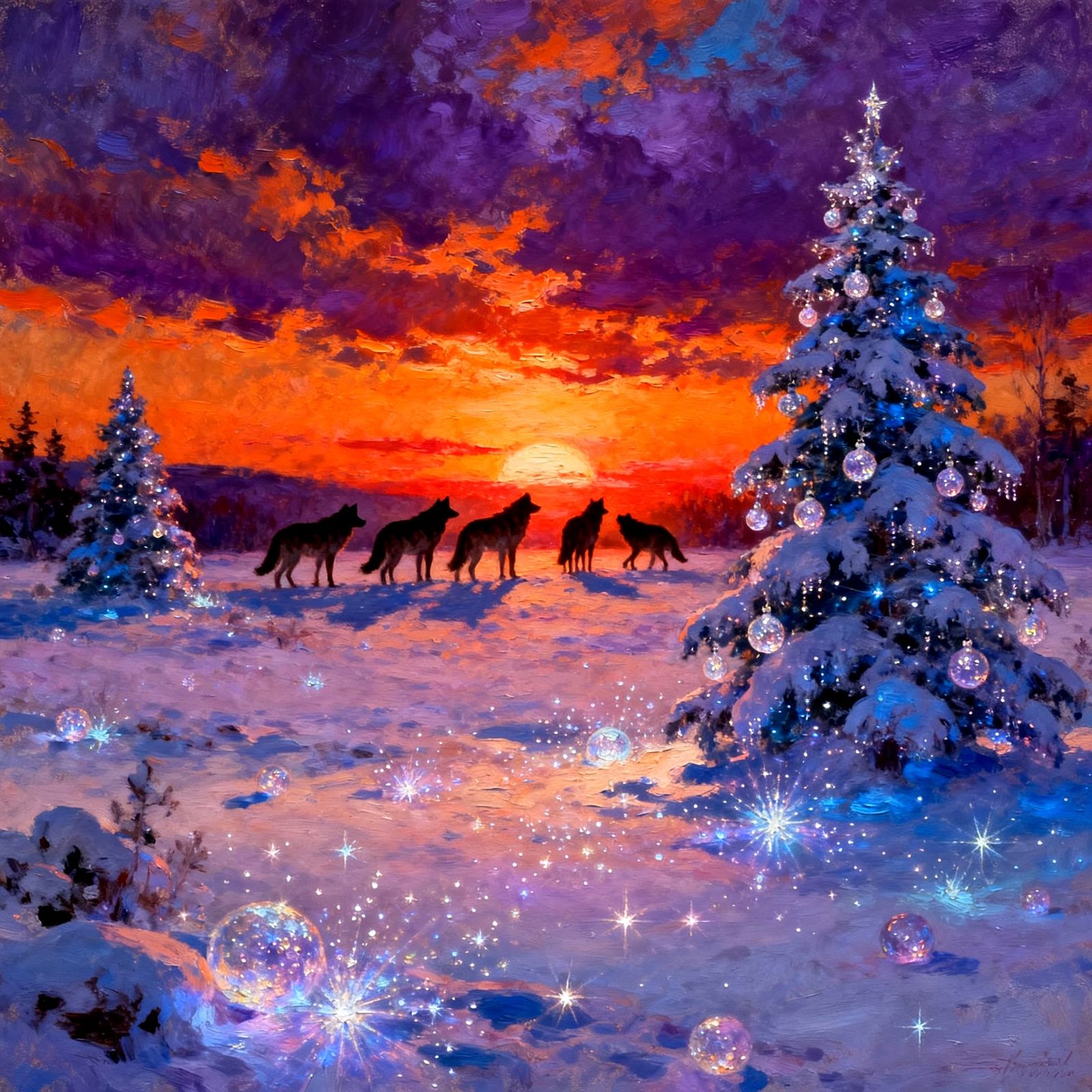 Wolves at Sunset on Snowy Plains with Glistening Christmas E...