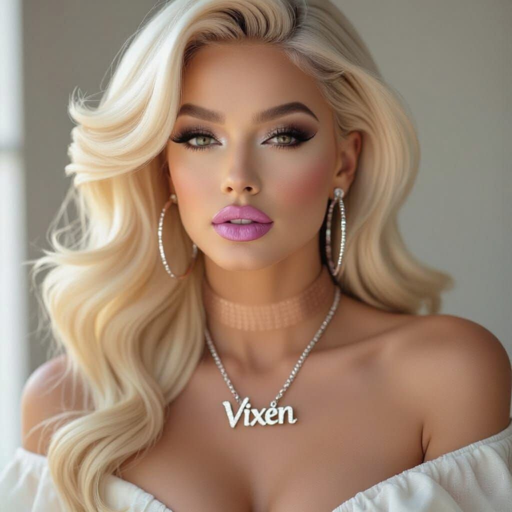 Glamorous Crossdresser with Big Blonde Hair and Bold Makeup