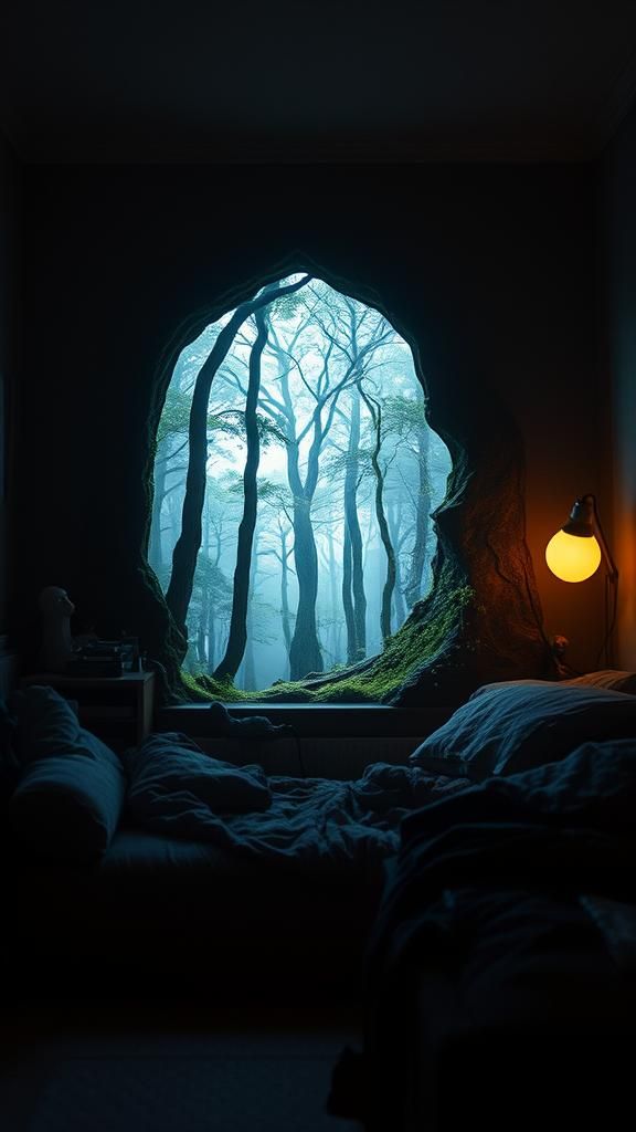 a portal into a mythical forest on the wall of my small mess...