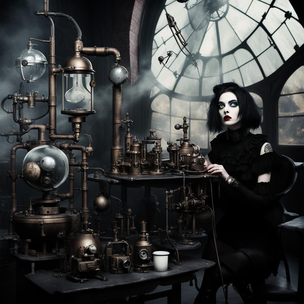 Gothic Model in Dimly Lit Coffee Shop